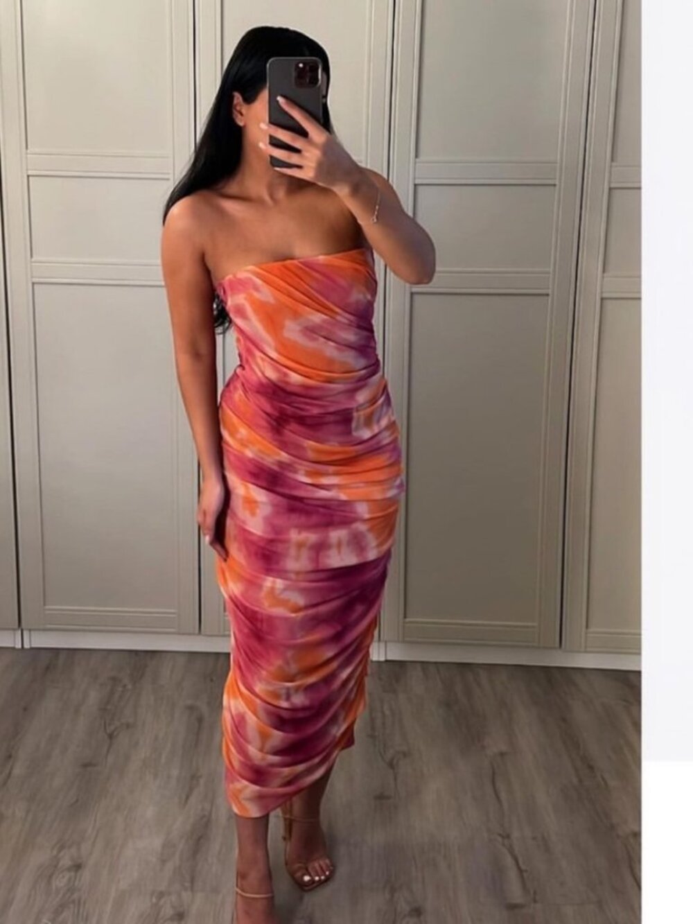 Zara Strapless Midi Dress in Pink and Orange Tie-Dye